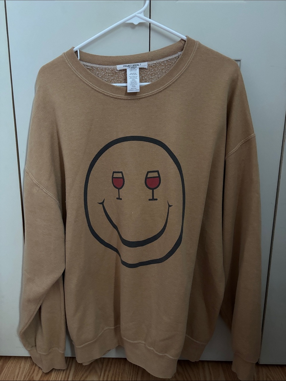 Project Social T Tan Crewneck Sweatshirt with Smiley Wine-Glass Graphic